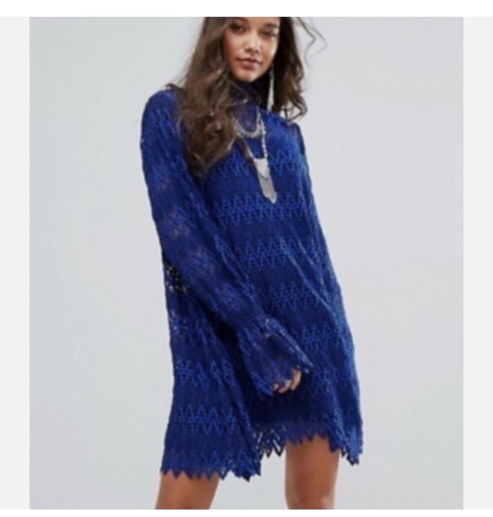 Free People Simone Lace Mini Dress — Electric Blue, Mock Neck Bell Sleeve, XS